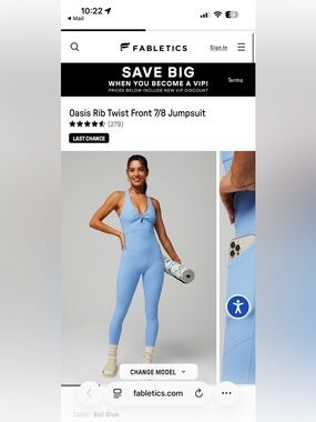 Fabletics Light Blue Ribbed V-Neck Jumpsuit